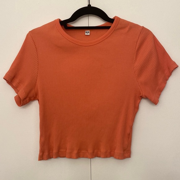 Uniqlo Ribbed Crew Neck Short-Sleeve Cropped T-Shirt, Orange, XL - Picture 4 of 15